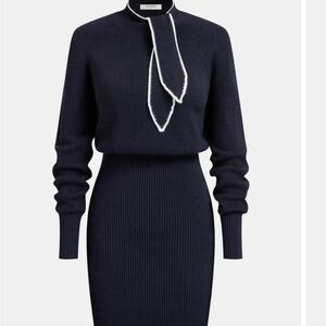 Commense Navy Ribbed Knit Dress with Contrast Trim Tie Neck XS NWT
